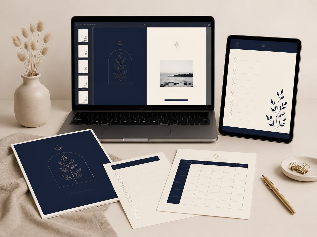 Páginas do kit digital exibidas em notebook, tablet e folhas impressas com checklists e planejamento