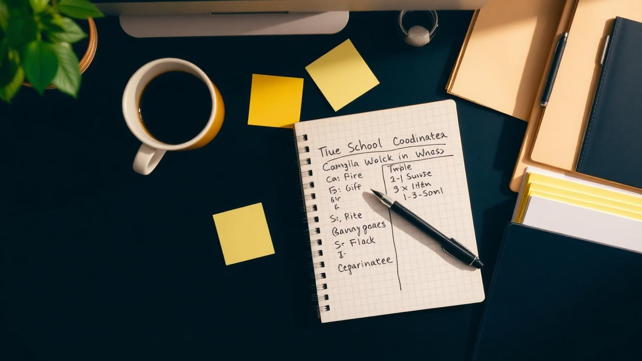Mesa de trabalho com caderno, anotações e recados espalhados